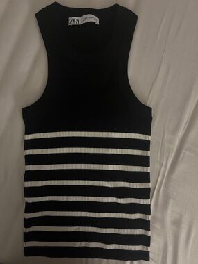 Zara Black and White Striped Ribbed Crewneck Sweater